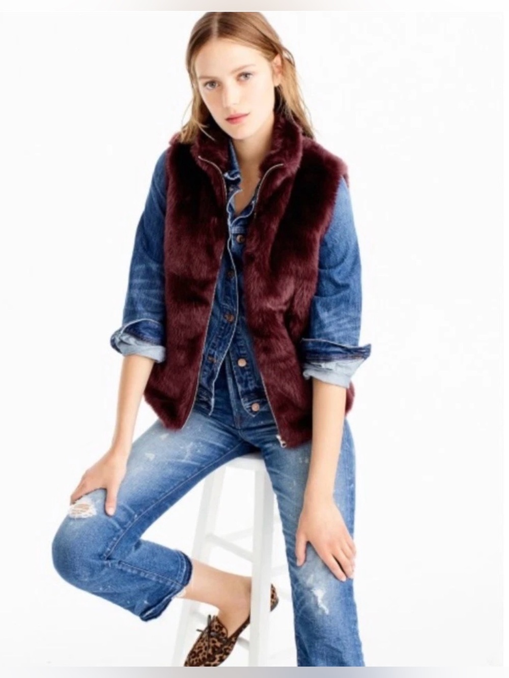 Jcrew Faux Fur Zip Up Vest with Pockets in Burgundy Sz L